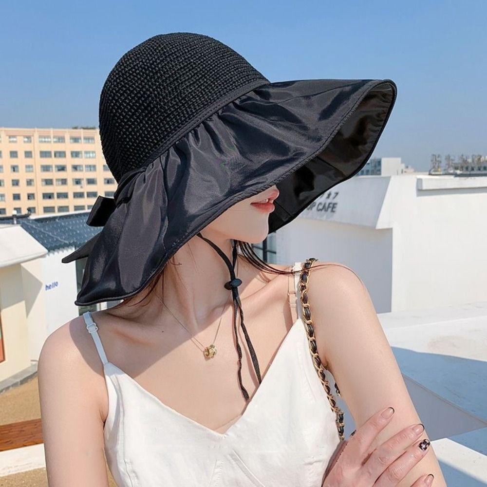 Весенне-летняя шляпа для защиты от солнца, уличная шляпа-ведро с бантом, модная широкополая шляпа от солнца для женщин