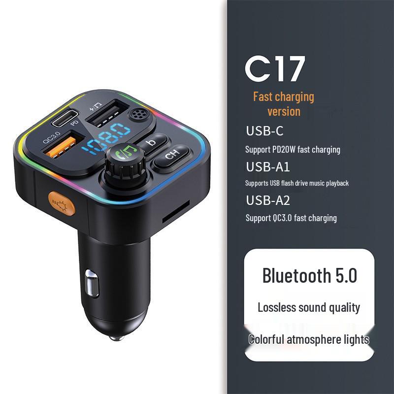 Автомобильный MP3-плеер Bluetooth с двойным дисплеем, определением напряжения и адаптером прикуривателя Super PD для быстрой зарядки