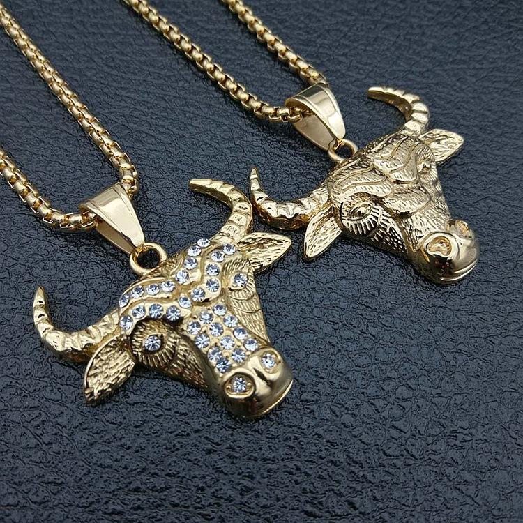 Hip Hop New Bull Head Man Pendant 316L Stainless Steel Fashion Gold Color with Zircon Punk Pendant
