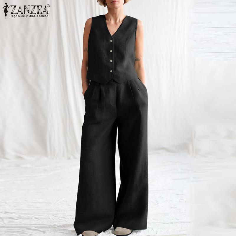 ZANZEA Женская блузка без рукавов и брюки, повседневные комплекты из двух предметов