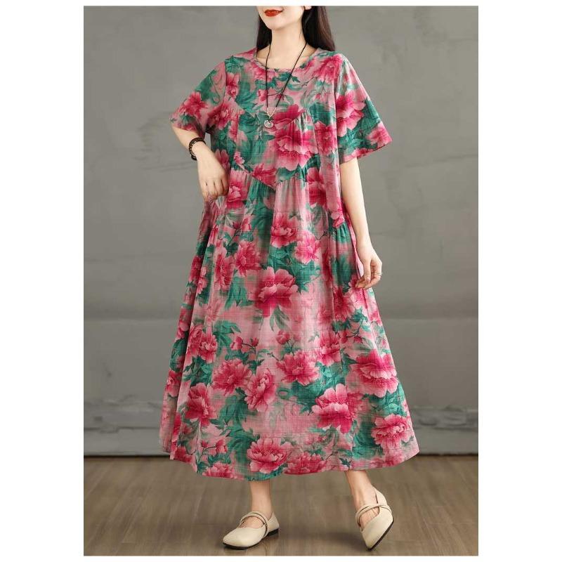 Retro Cotton and Linen Round Neck Short Sleeved Dress, Women's Loose Skirt