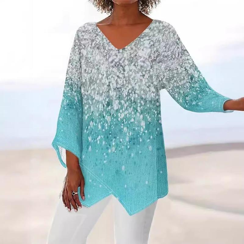 Весна Лето V-образный вырез Принт Мода Женская Блузка Новая Повседневная Свободная Необычная Топ Футболка Большого Размера Простая Элегантная Офисная Рубашка Женская Одежда