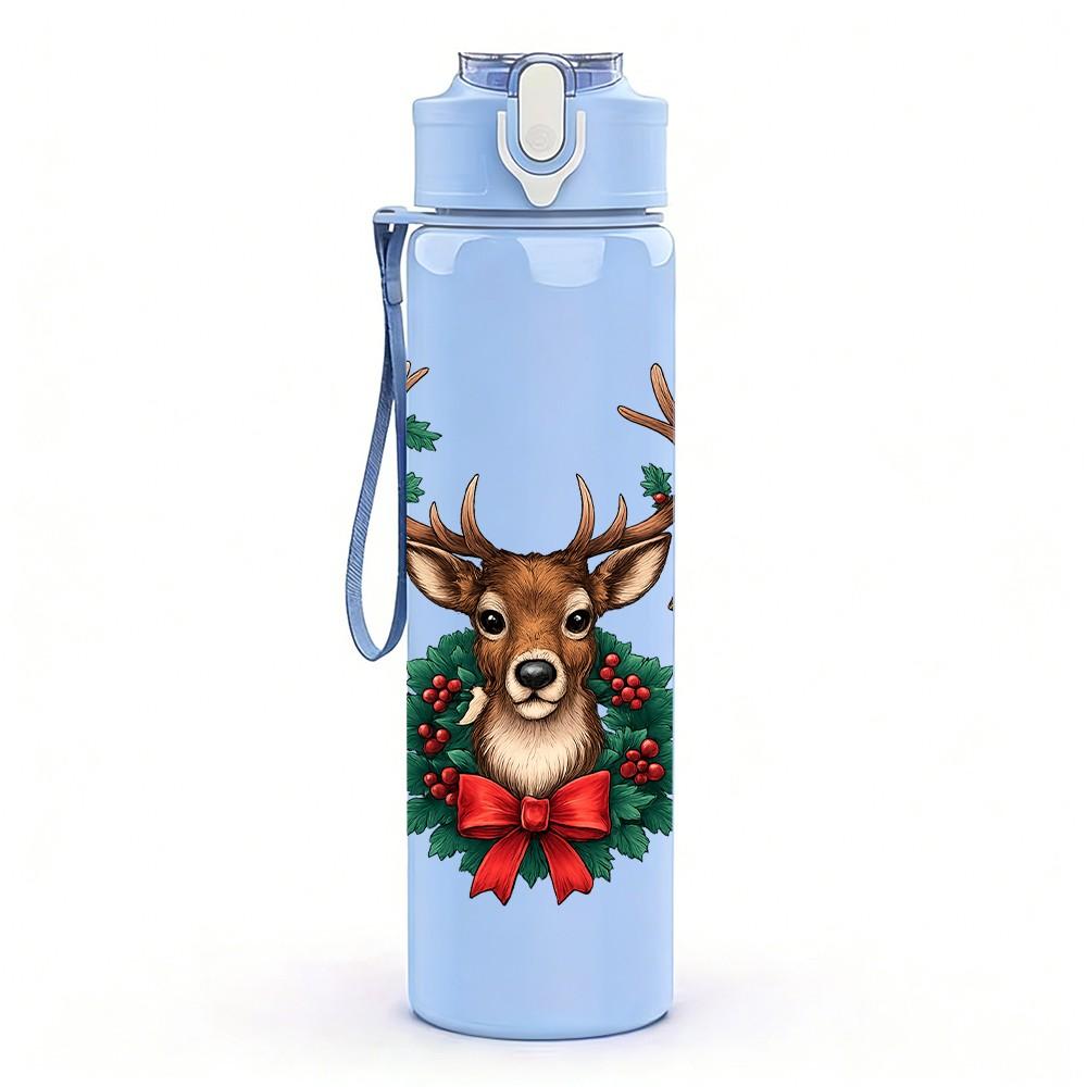 1PC Wreath Antler Reindeer 750ml Color Plastic Sports Water Bottle Leakproof Flip Straw Lid Suitable for Sports Office Home Use