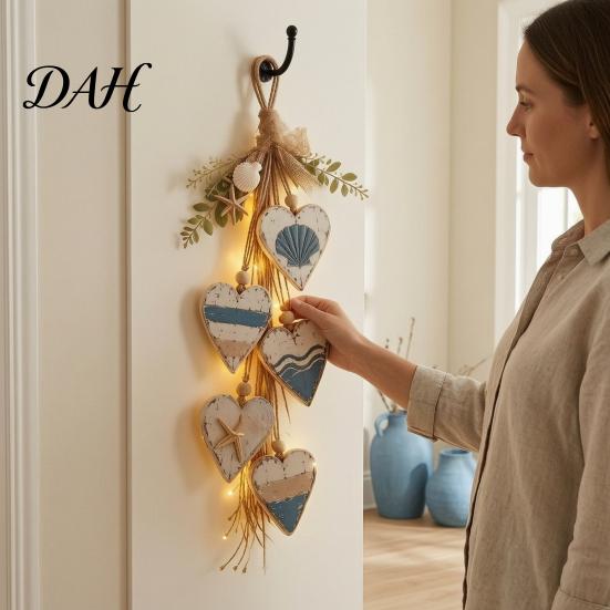 Coastal Style Home Decorations Hanging Heart Wall Decor, 5 Layered Hearts Ornament, Rustic Farmhouse Wood Vintage Whitewashed Sign Sign,