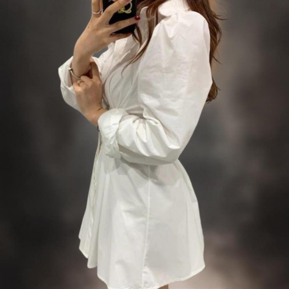 New Arrivals Open Run Women Mini Dress Solid Color Pin Tuck Shirring Collar Neck