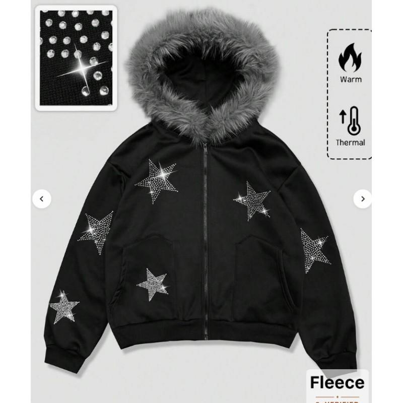 Mens Oversized Hooded Zip-Up Fleece Sweatshirt With Fake Fur Collar Camo Print Plus Size Up To 5XL