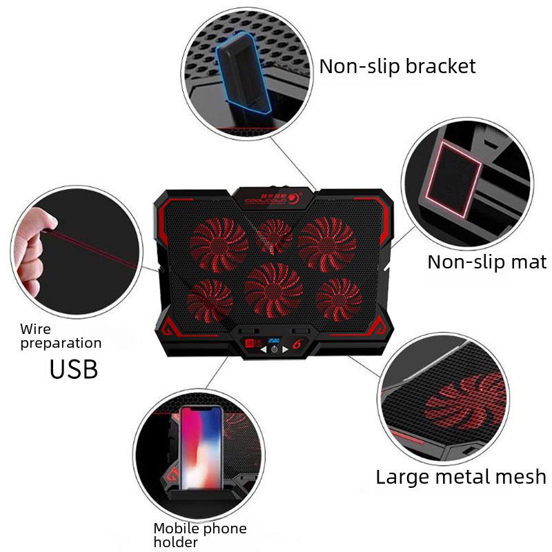 Улучшенный тонкий кулер для ноутбука с шестью вентиляторами и сенсорным управлением для игровых ноутбуков