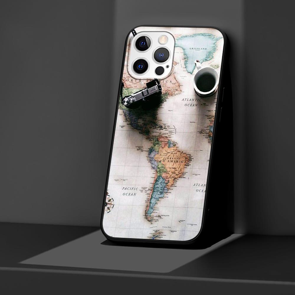 Дорожный чехол с картой мира для iPhone 14 13 11 12 Pro Max XR 7 8 + X 6 6S Plus XS 5 5S SE 2020, черный мягкий чехол для телефона Funda