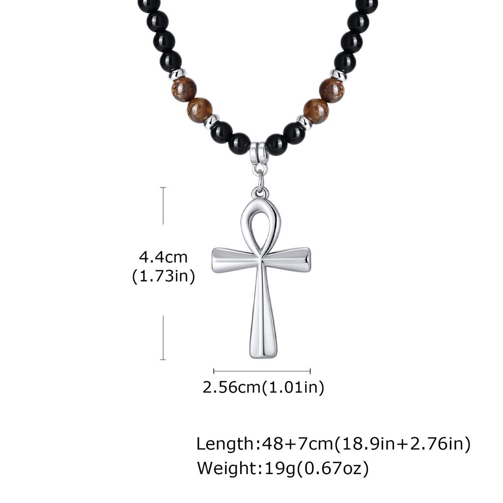 Fashion Stainless Steel Anka Cross Pendant Necklace, Natural Tiger Eye Stone Beaded Chain Necklace, Trendy Punk Jewelry for Men