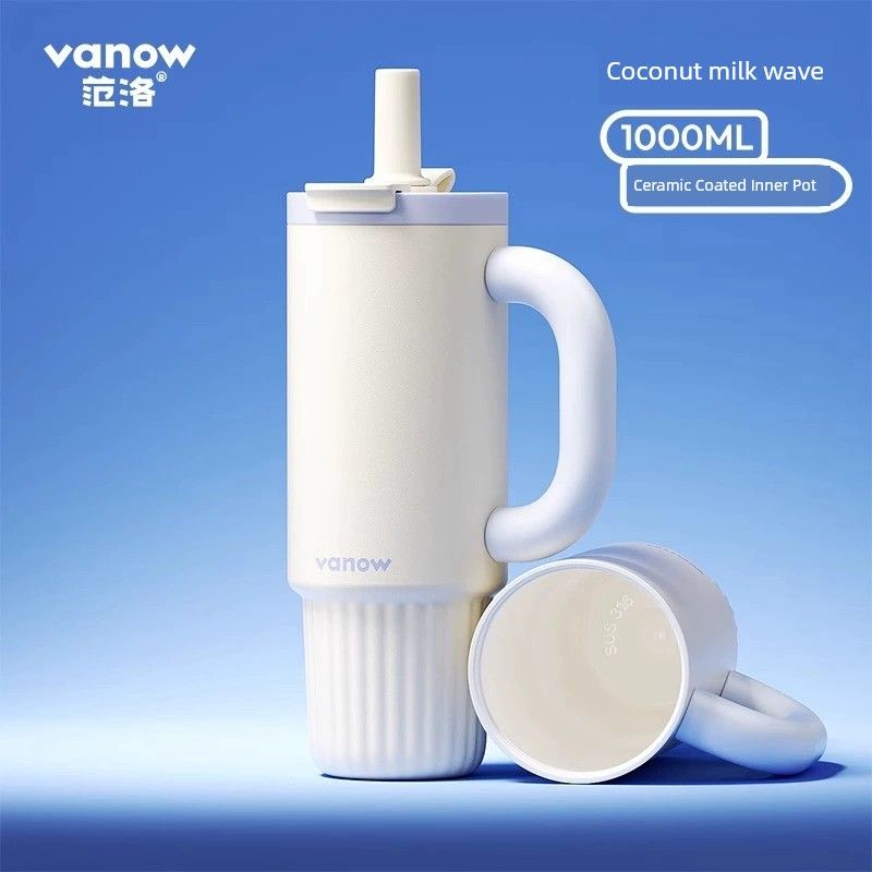 British Vanow Large-Capacity Thermos Cup for Men and Women, Simple Solid Color Ceramic Inner Tube, Straw, Ice Cup