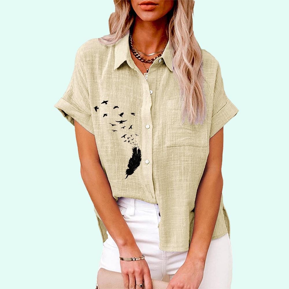 Плюс размер Женская мода цветочный принт футболка лето и осень повседневный льняной топ женские свободные блузки с коротким рукавом на пуговицах