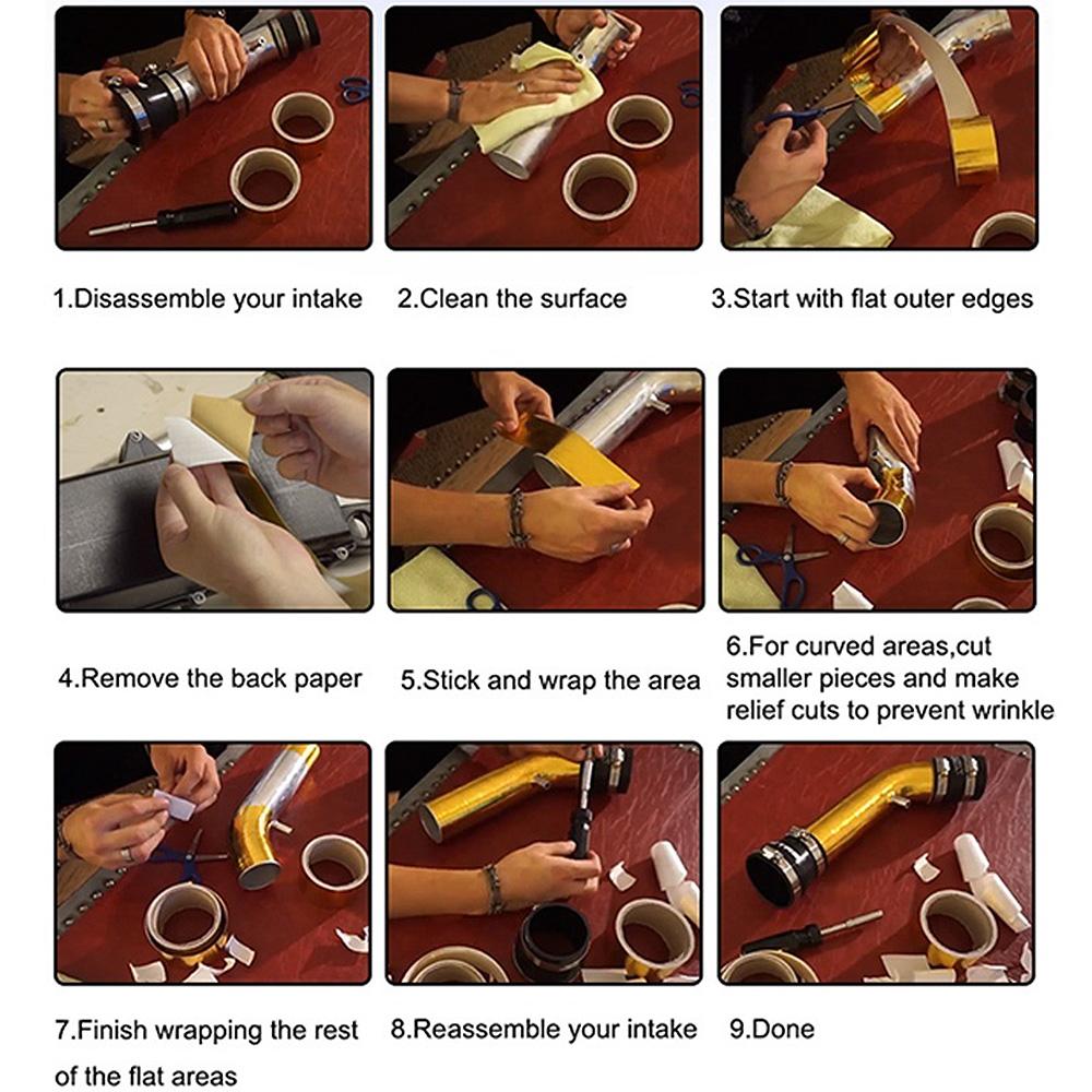 A Gold 2'' Thermal Exhaust Tape Air Intake Heat Insulation Shield Wrap Reflective Heat Barrier Self Adhesive Engine 2 Inch 5/10M