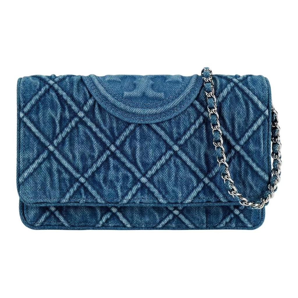 Tory Burch Fleming Magnetic Snap Flap Denim And Napa Leather Shoulder Crossbody Wallet Women Wallet Blue 158819-426