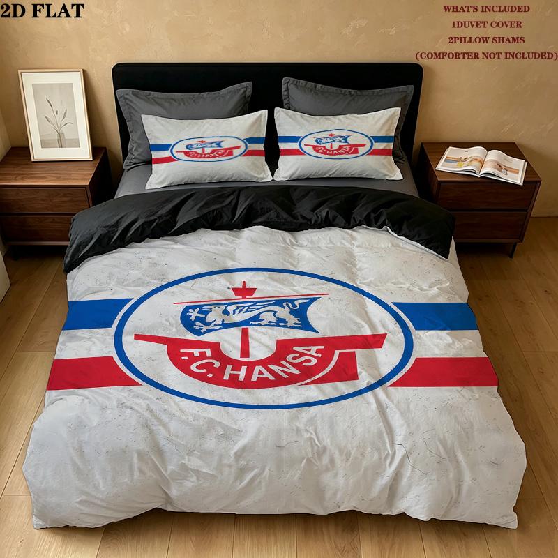 Fc Hansa Rostock Pattern Bedding Quilt Set Quilt Cover Pillowcase Home Birthday Gift(1 * duvet cover + 2 * pillowcase, without core)