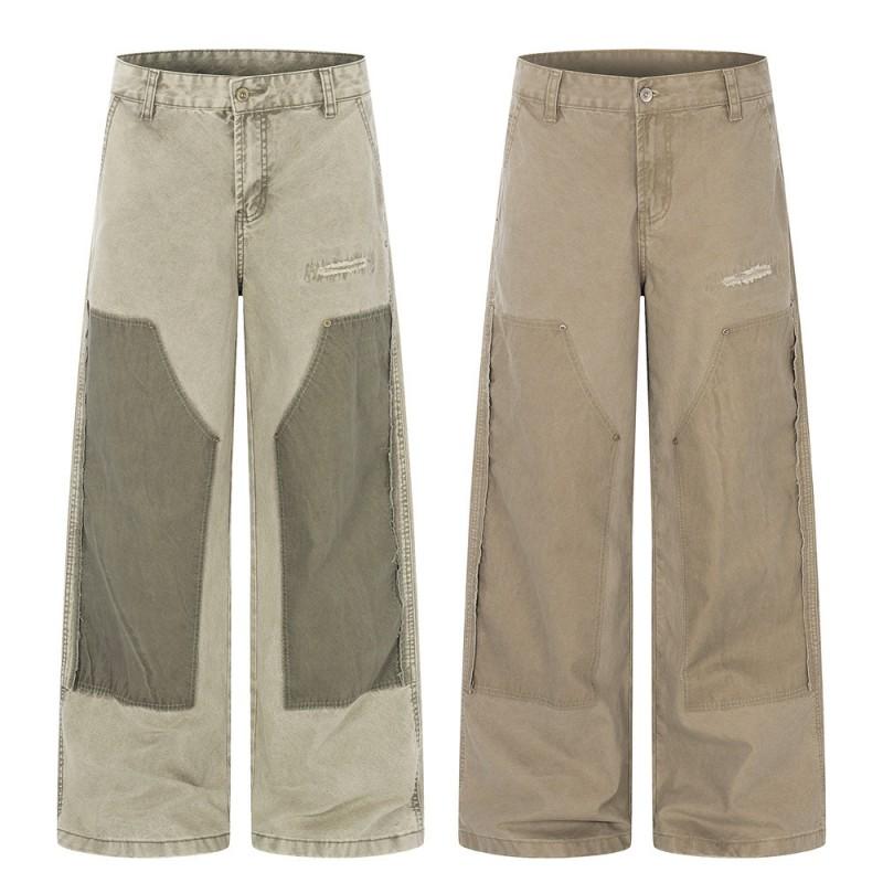 Mens Loose Straight Leg Cargo Pants Color Block Distressed Patched Ripped Streetwear Trousers