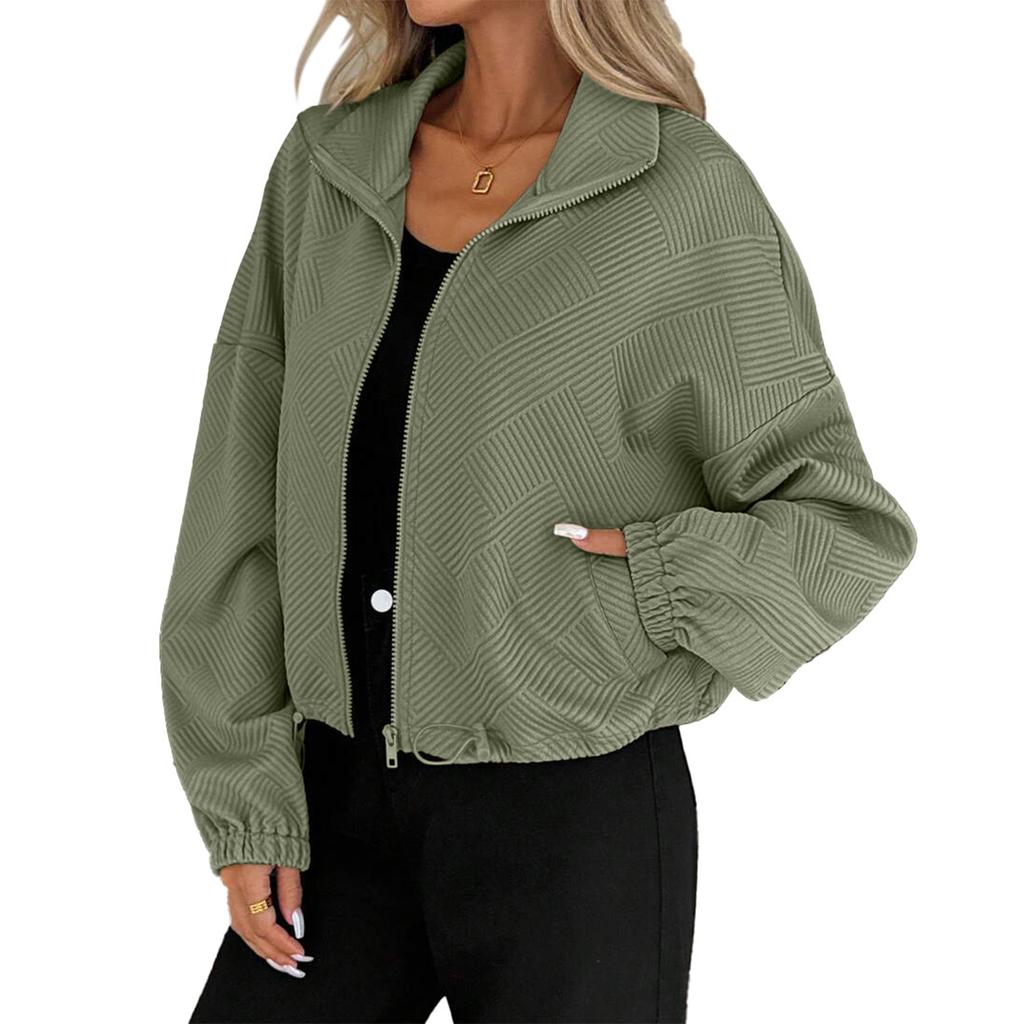 Women's Fashionable Solid Color Long Sleeved High Neck Zipper Hem Drawstring Pocket Loose Baseball Jacket