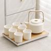 Modern Chinese Tea Set, 600ml Ceramic Beam Teapot with Stainless Steel Infuser and 6 Cups, Bamboo Handle Matte Teapots Hot Tea for Home Party