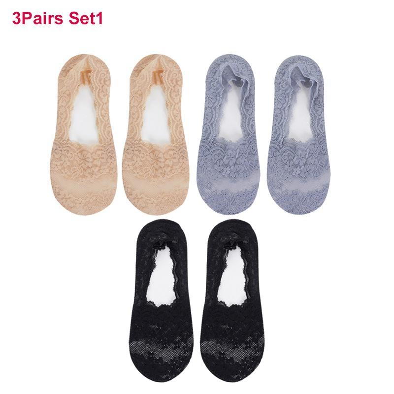 3 пары женских кружевных хлопковых невидимых носков, нескользящие летние однотонные короткие носки, модные тонкие тапочки до щиколотки, ажурные носки