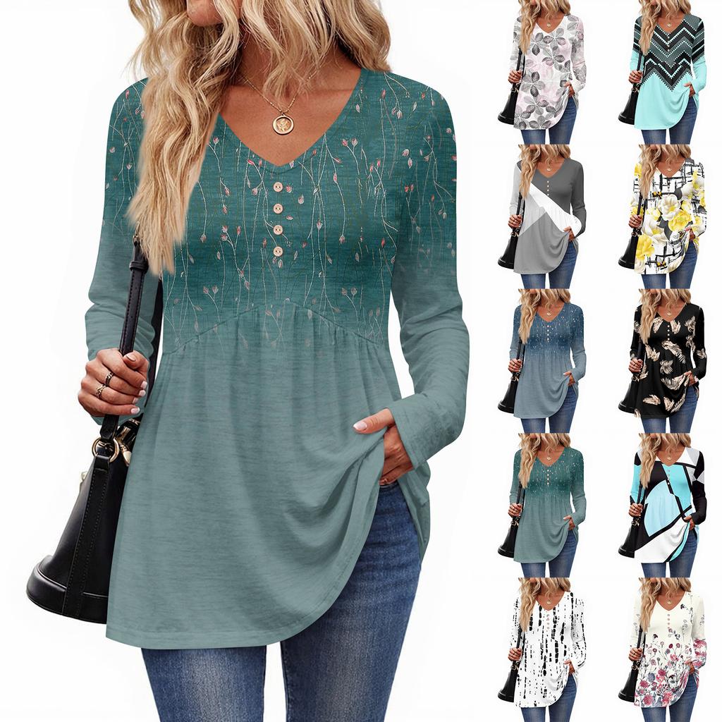Women's Casual Fashion V-Neck Button Retro Floral Print Long Sleeve Top