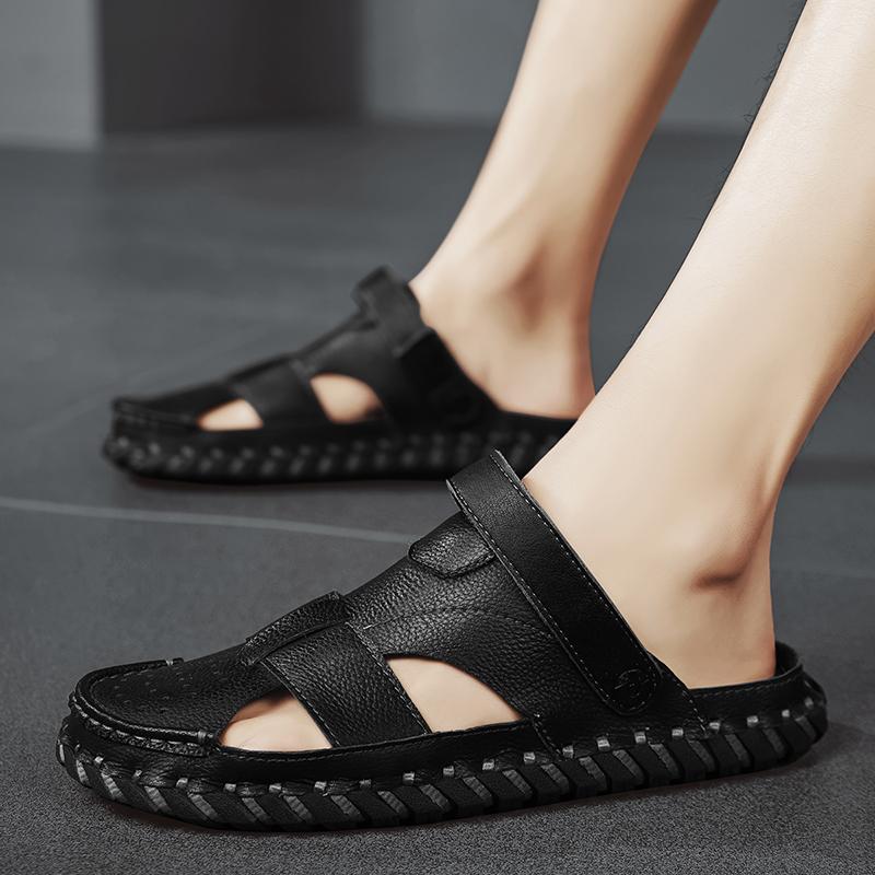 Men's Sandals Solid Black and Khaki Leather Men Summer Shoes Casual Comfortable Open Toe Sandals Soft Beach Footwear Male Shoes