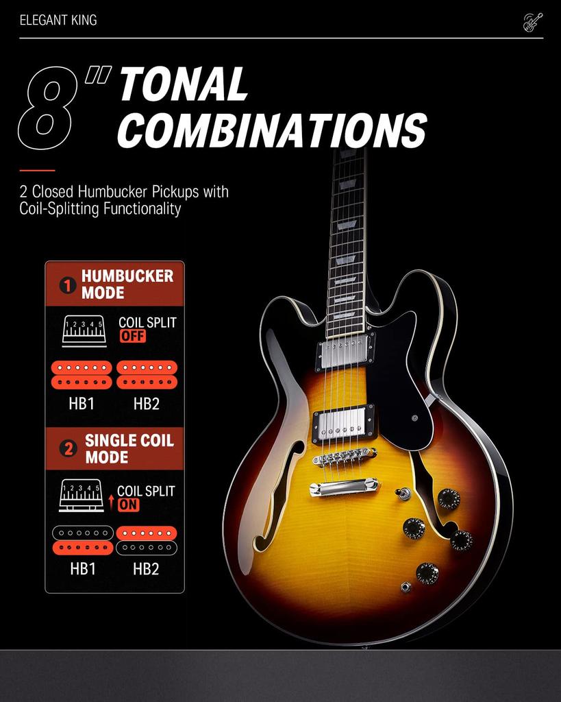 Donner Electric Double Tiger Color DJP-1000B Semi-Acoustic Guitar, Semi-Hollowbody, Cutaway,