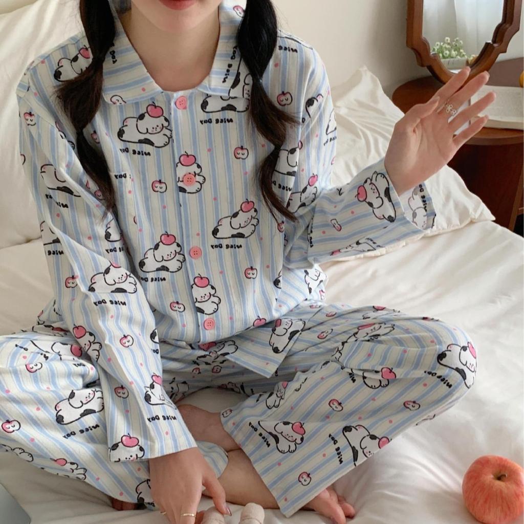 Blue bear pajamas pure cotton polished spring and autumn cartoon cute loungewear suit can be worn outside long-sleeved pajamas