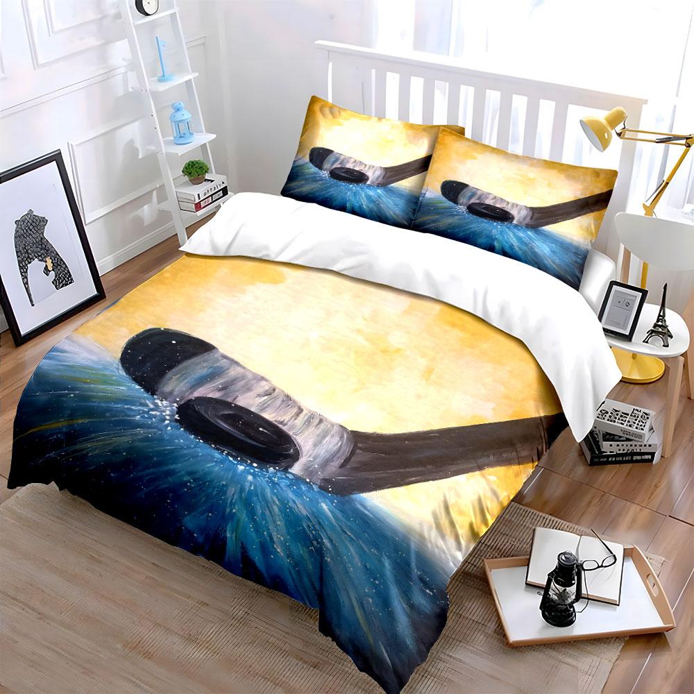 Hockey Stick and Puck Splash Art Print Bedding Set Duvet Cover Pillowcases (1* Duvet Cover 2* Pillowcases Do Not Include Comforter)