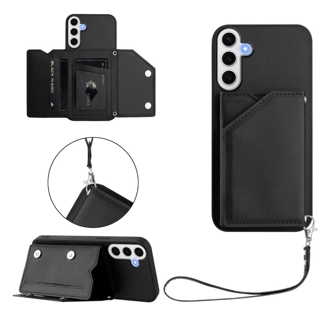 For Samsung Galaxy S24 FE Case Card Holder Kickstand Skin-Touch Phone Cover with Wrist Strap