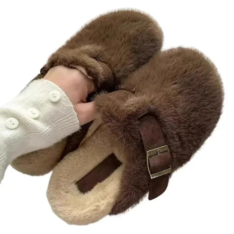 Модные женские тапочки на плоской подошве с мехом, повседневные туфли-мюли с открытой пяткой, тренд 2025 года, модная домашняя обувь из плюша и хлопка, зимние новинки для женщин, зимние ботинки