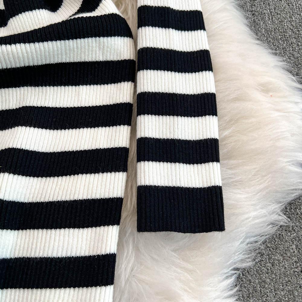 Платье-футляр с открытыми плечами Falda Sexy Mujer Slash Neck Striped Color Block Slim Knitted Bodycon Dress Autumn Wrapped Dresses ChicDresses