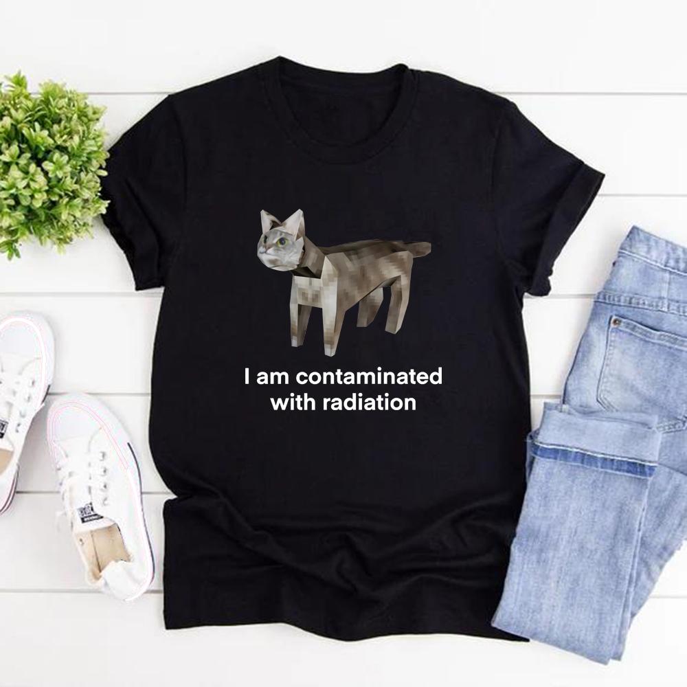 Футболка с забавным мемом «Я заражен» Ироничная футболка унисекс с коротким рукавом и графическими рисунками Необычная специфическая одежда Подарок любителю кошек