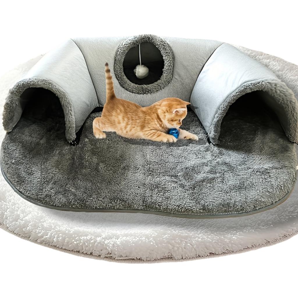 3-in-1 Cat Tunnel Bed, Convertible Play Tunnel & Warm Nest with Non-Slip Bottom, Cozy Plush Pet Mat for Cats, Rabbits