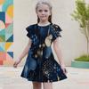Girls Round Neck Flutter Sleeve A Line Dark Blue Printed Dress