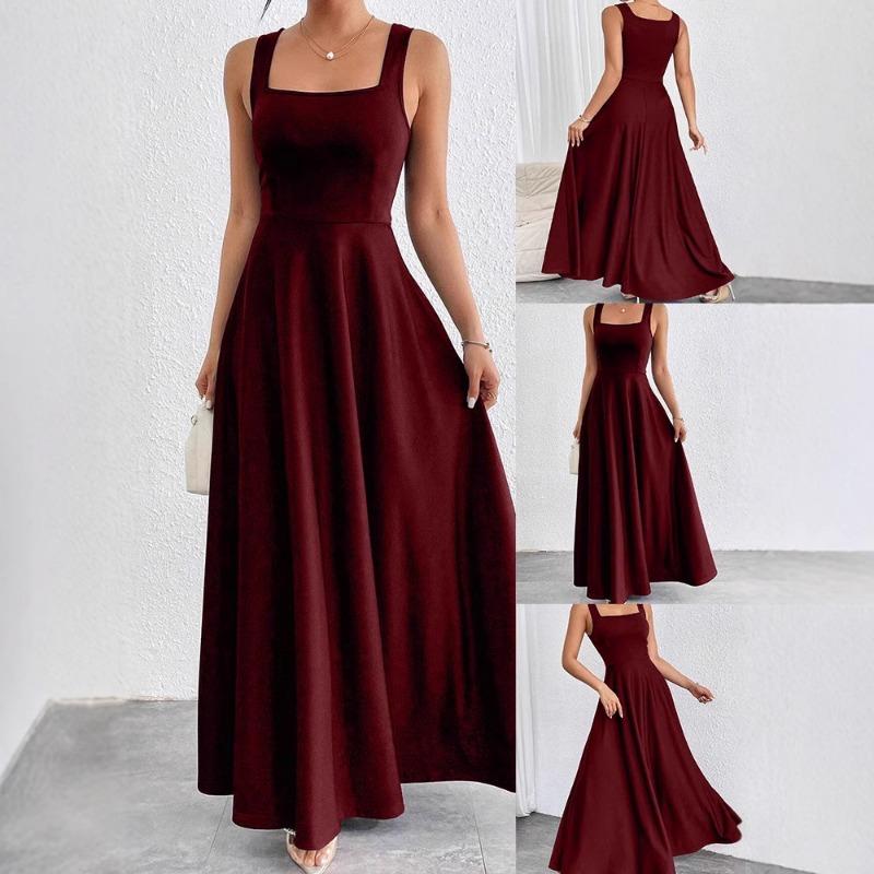 Летнее женское платье Элегантное платье макси с квадратным вырезом Без рукавов Платье-майка Женское платье Повседневное Однотонное Женское длинное платье