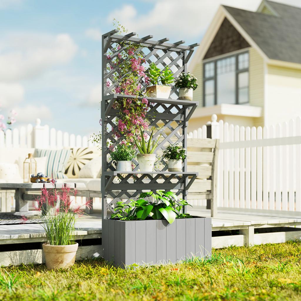 52L Wooden Planter, with Trellis and Shelves - Grey