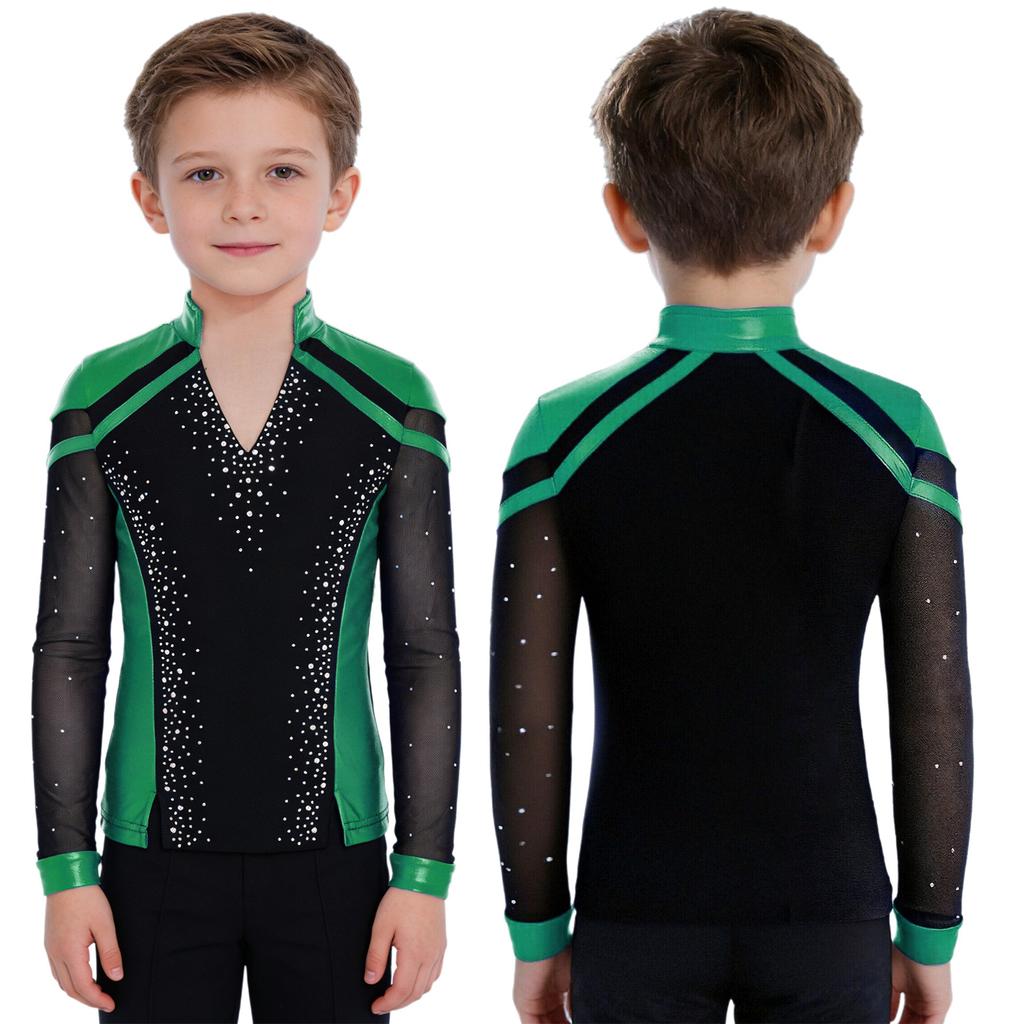 Boys Skating Performance Top: V-Neck Long Sleeve Rhinestone Color Block with Split Hem for Competition Costume