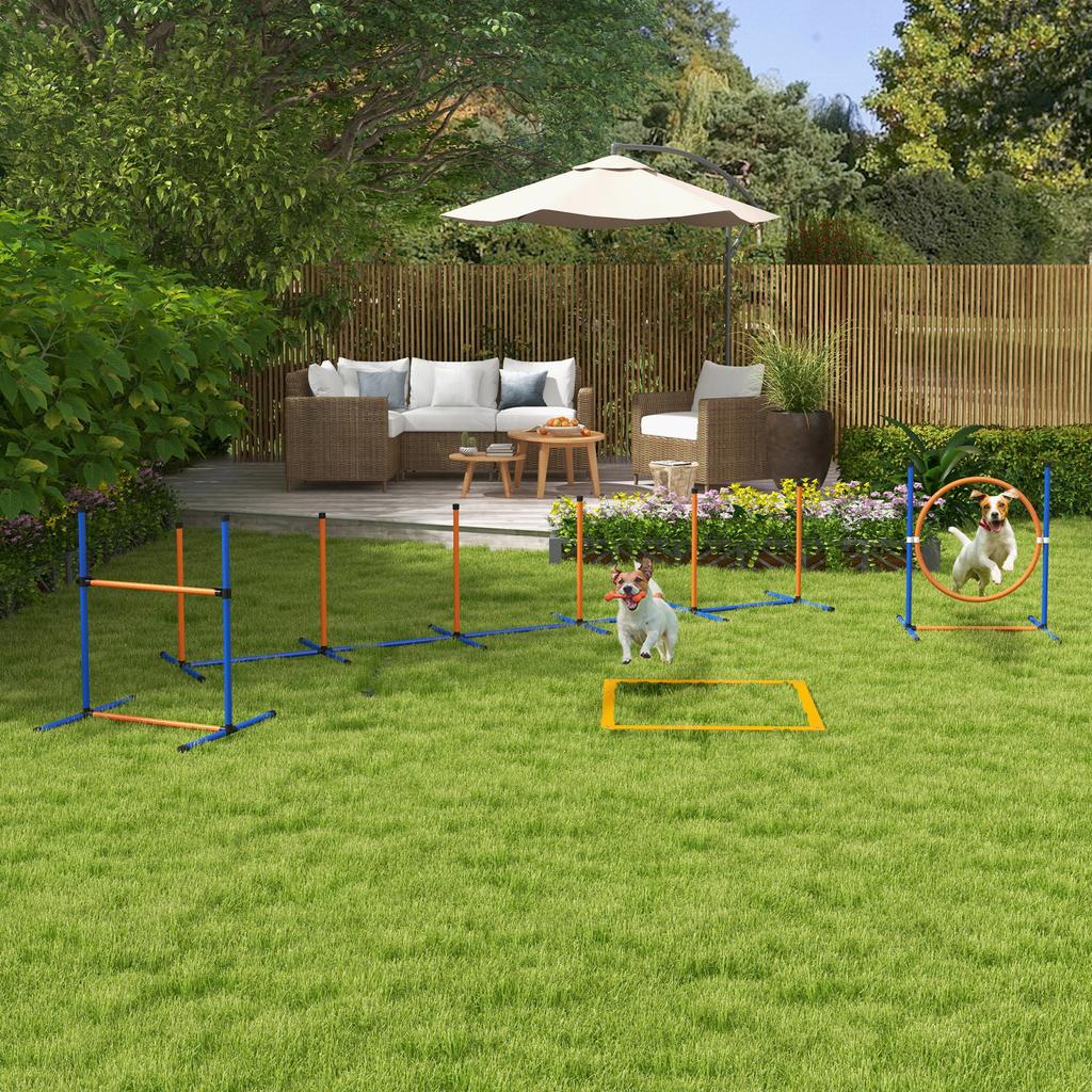 Dog Agility Training Equipment with Weave Poles, Jump Ring, Pause Box, Adjustable Hurdle, Carry Bag, Orange
