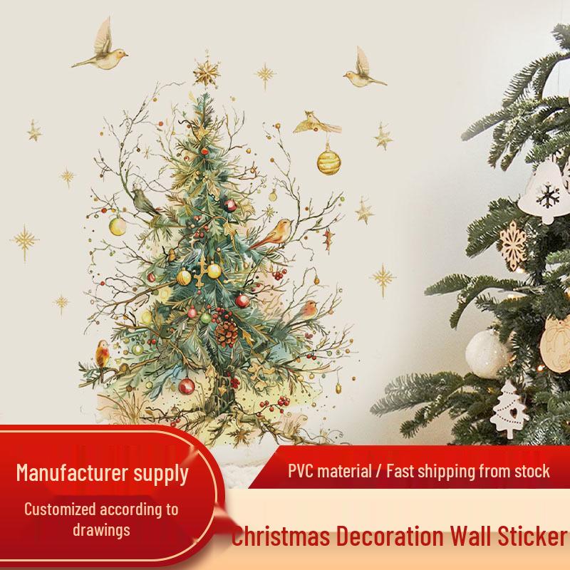 Christmas Wall Sticker: Green Tree with Gold Snowflakes and Red Girl Design for Living Room & Bedroom