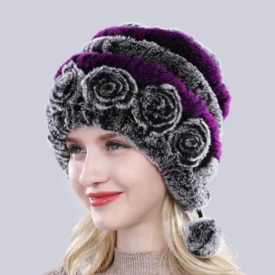 Горячая Распродажа Зимние Женские Шапки с Цветами и Полосками из Натурального Меха Рекса, Теплые Вязаные Шапки из Натурального Меха для Леди, Русские Уличные Меховые Шапки