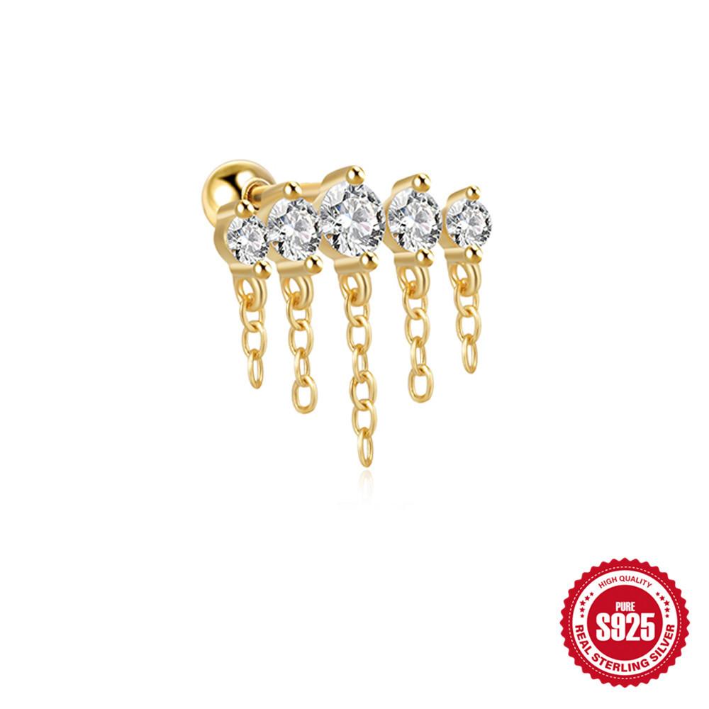 Серьги-пусеты из стерлингового серебра 925 пробы, простые, с горизонтальной цепочкой, бахромой из бриллиантовой нити, для пирсинга козелка уха, маленькие золотые шарики, серьги-пусеты для хряща уха