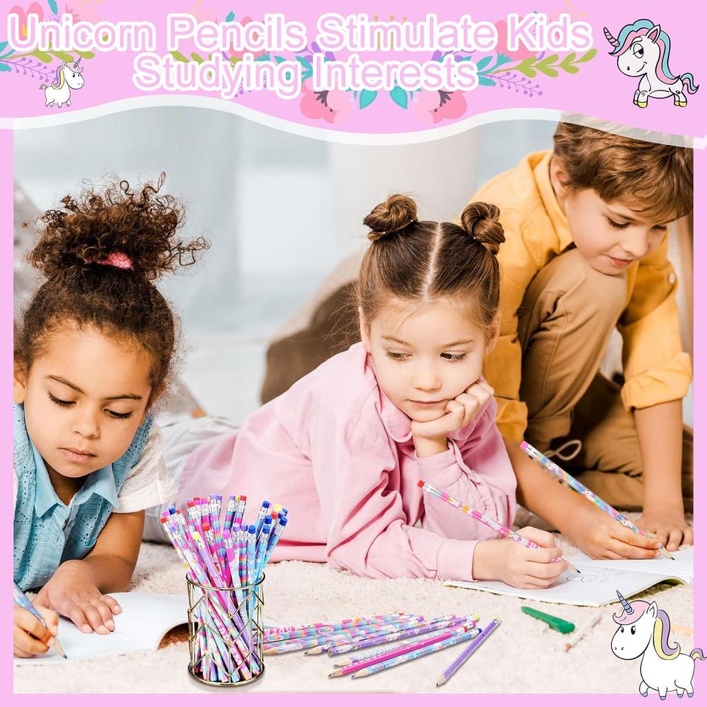 Rainbow HB Unicorns Pencils - Erasable Graphite Pencils with Erasers for Kids, Unicorn Party Favors (36 Pack)
