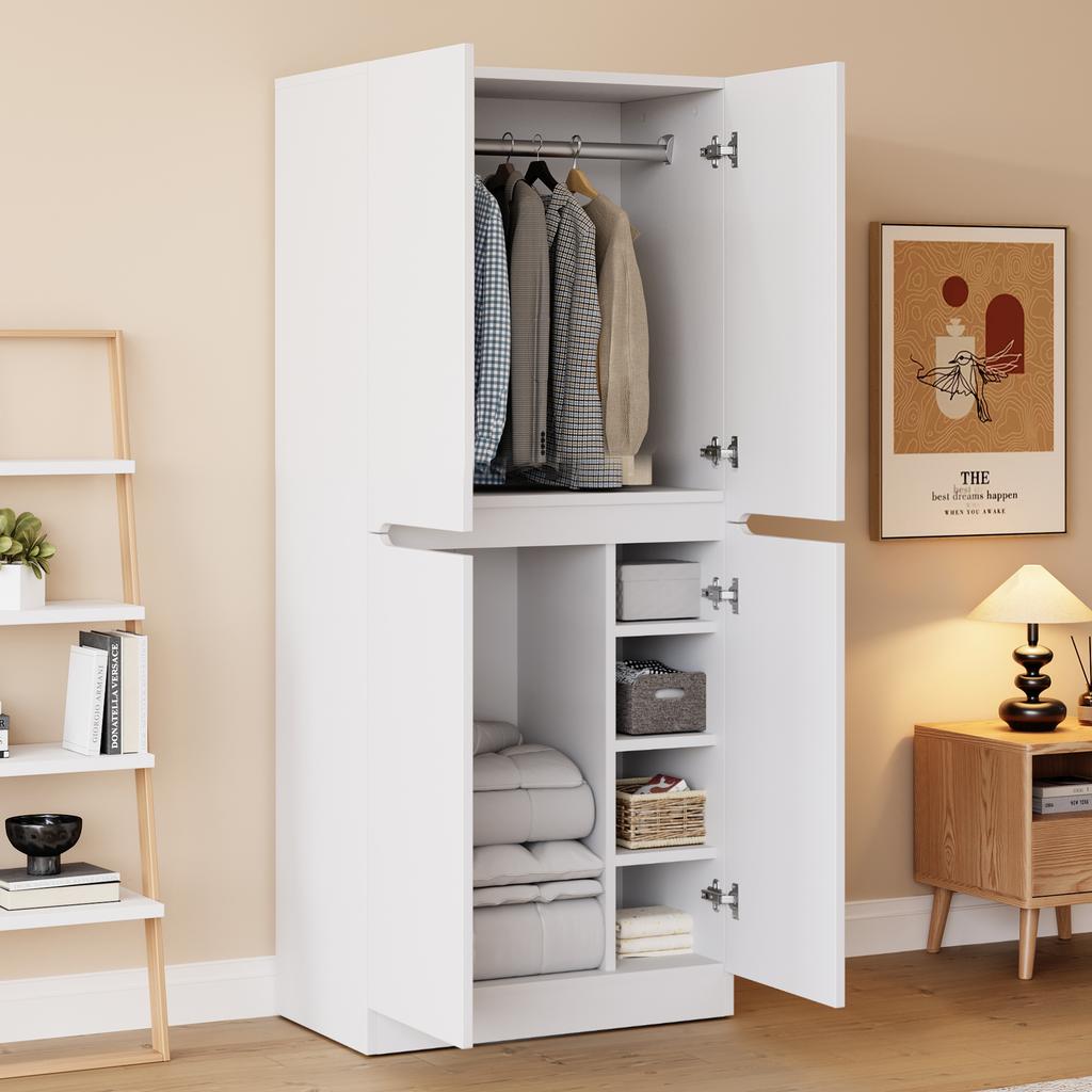 Wardrobe 70 x 40 x 170 cm, double-door design with small storage compartment, White