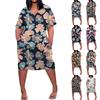 Summer Plus Size V Neck Short Sleeve Knee Pocket Print Casual Dress For Women