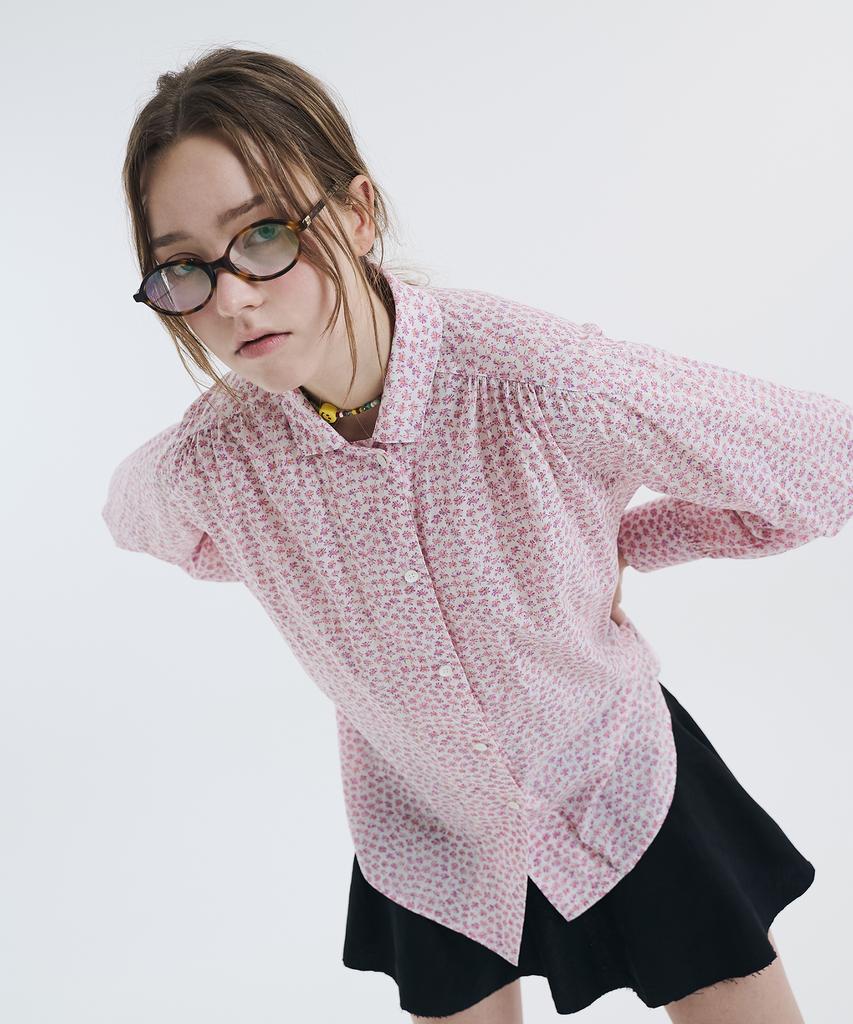 VOYONN Mini Collar Shirred Print Blouse Pink 0113