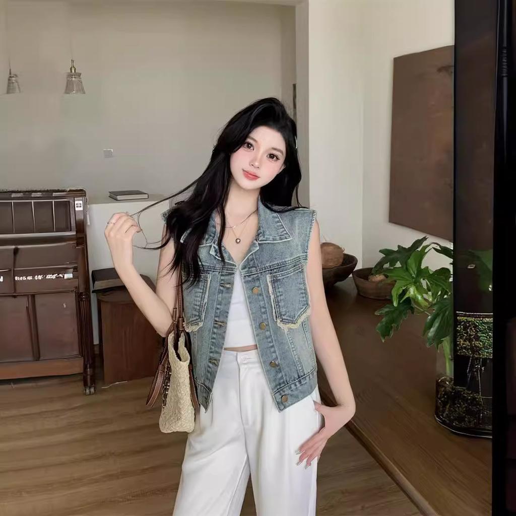Fashion Raw Edge Denim Vest Jacket Women's Spring Summer Sleeveless Vest Shoulder Waistcoat