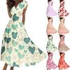 Женское длинное повседневное платье весна-лето с коротким рукавом V-образным вырезом и заниженной талией с принтом