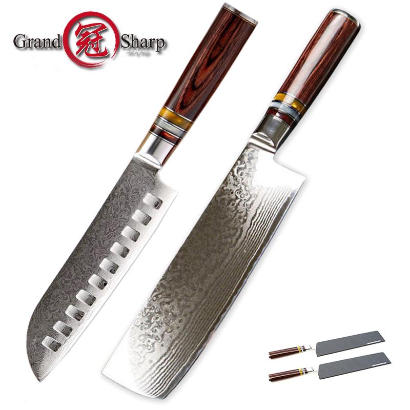 Набор кухонных ножей из дамасской стали, 2 шт., дамасские ножи vg10, японский стальной нож Сантоку Накири
