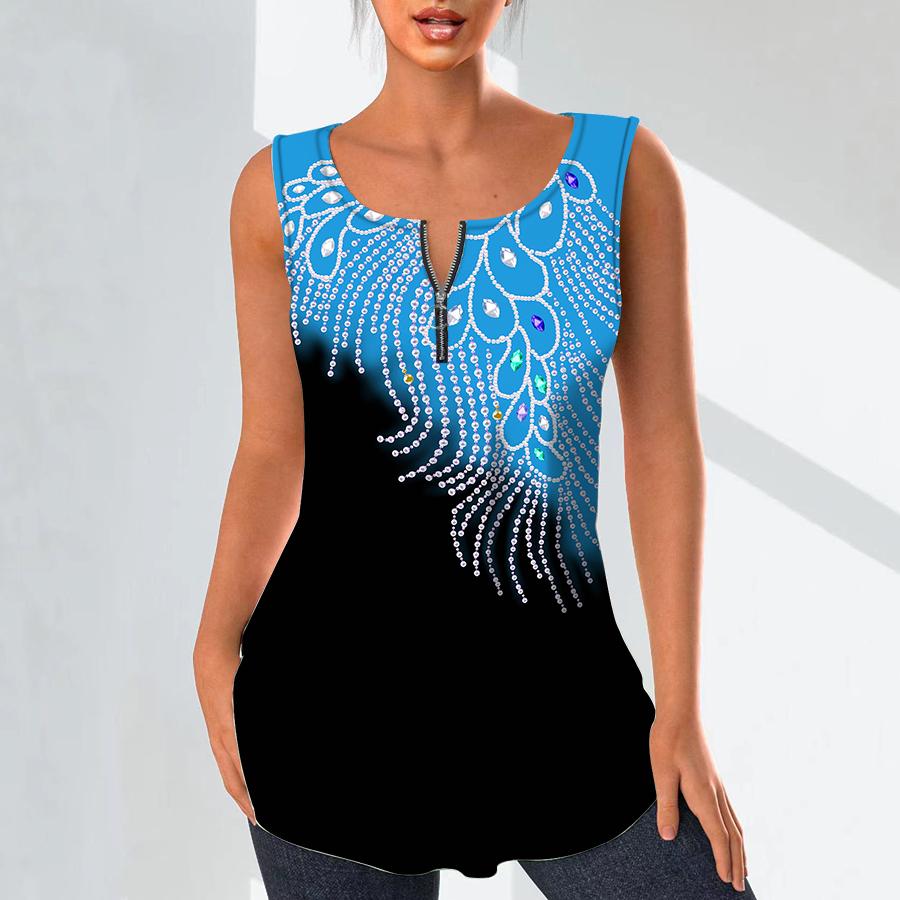 Women's Fashion V Neck Shirts Casual Tops T-shirt Ladies 3D Pearl Pendant Pattern Print Vest Plus Size Sleeveless Blouse Tank Tops