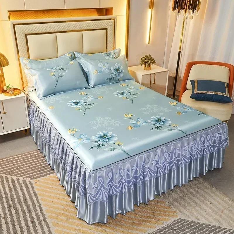 3 предмета постельных принадлежностей, классическое кружевное королевское синее покрывало, юбка, можно стирать в машине, с резинкой для простыней королевского размера, кровати