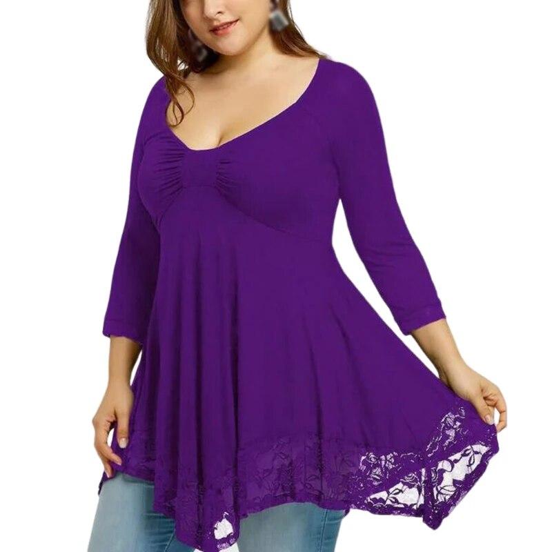 Женская свободная рубашка размера плюс с длинным рукавом, туника, топы с круглым вырезом, кружевная блузка с баской, струящиеся свободные рубашки, сплошной цвет